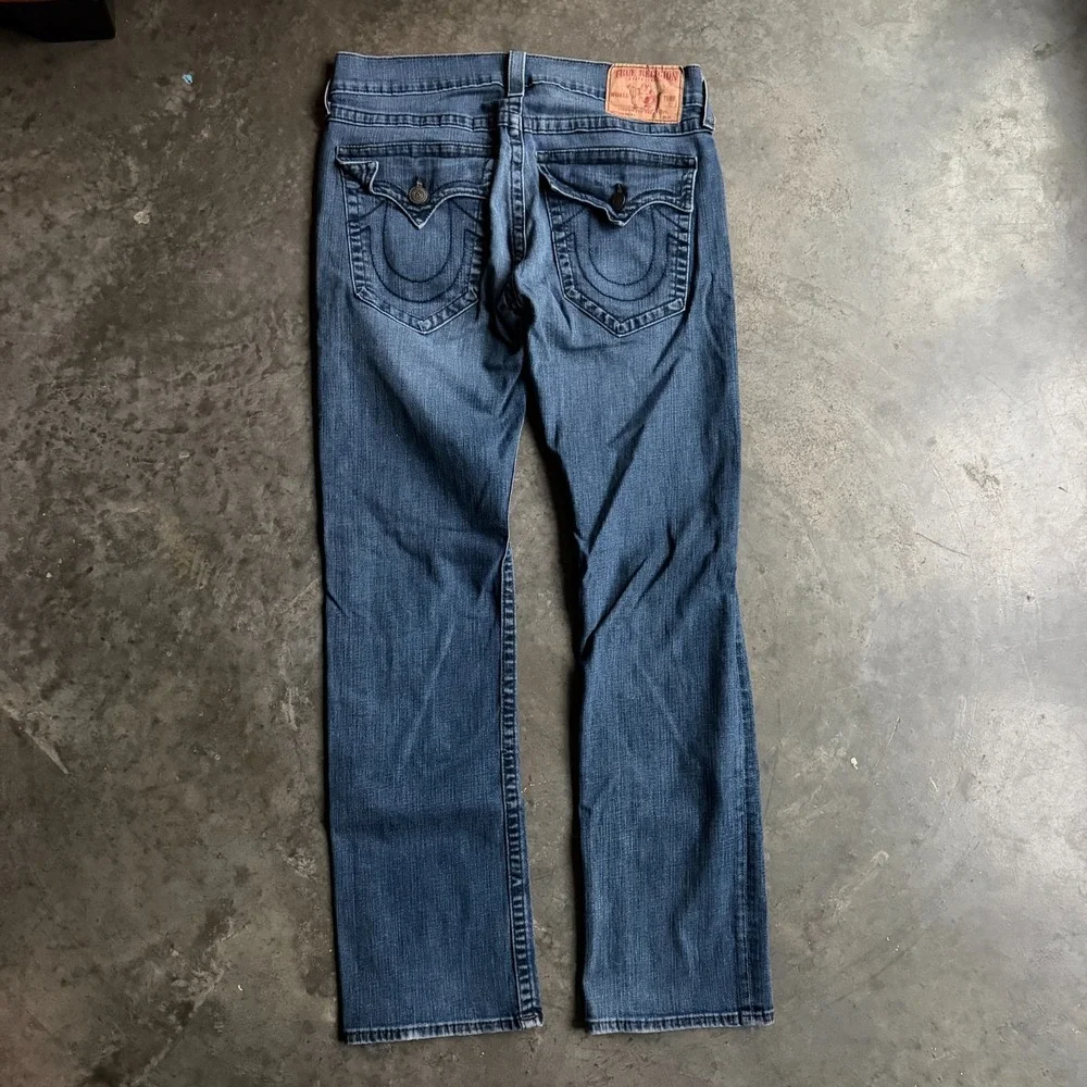 True Religion Jeans Mens 34x33 Blue Ricky Flap Pocket Straight USA Made Cotton